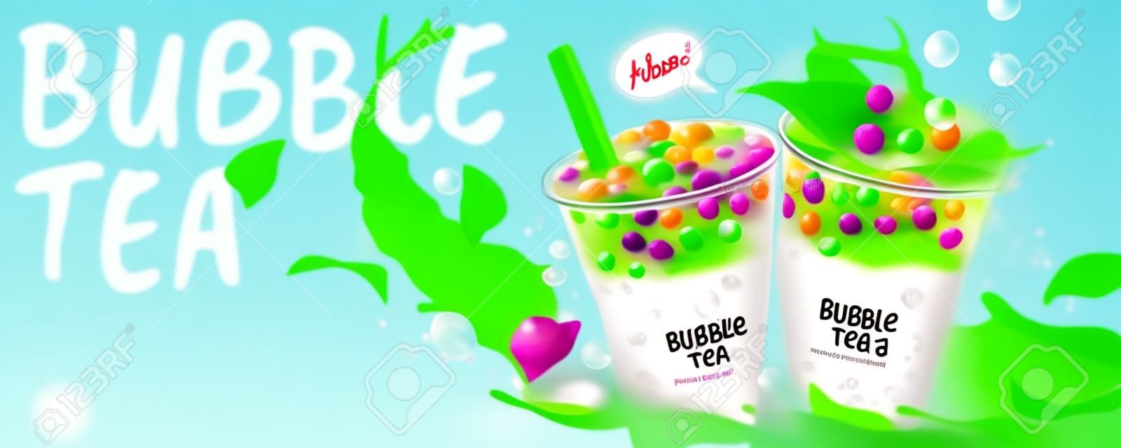 Anúncios de banner de chá de bolha com leite espirrando e folhas verdes, ilustração 3d