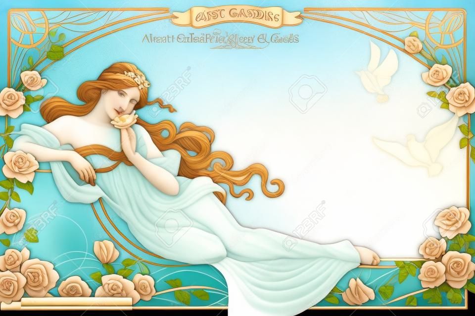 Elegante Göttin im Jugendstil, die in der Nähe eines Rosengartens mit aufwendigem Rahmen liegt lying
