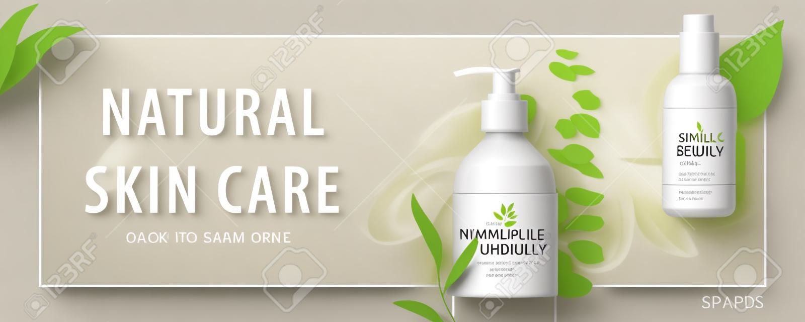 Banner de anúncio para produtos de beleza simples, mock-ups decorados com folhas naturais e traços de creme, conceito de cuidados com a pele orgânicos, ilustração 3d