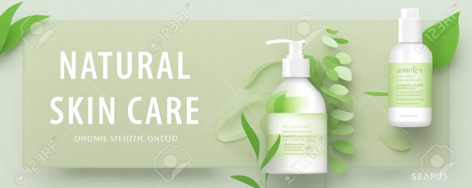 Baner reklamowy dla prostych produktów kosmetycznych, makiety ozdobione naturalnymi liśćmi i kremowymi pociągnięciami, koncepcja ekologicznej pielęgnacji skóry, ilustracja 3d