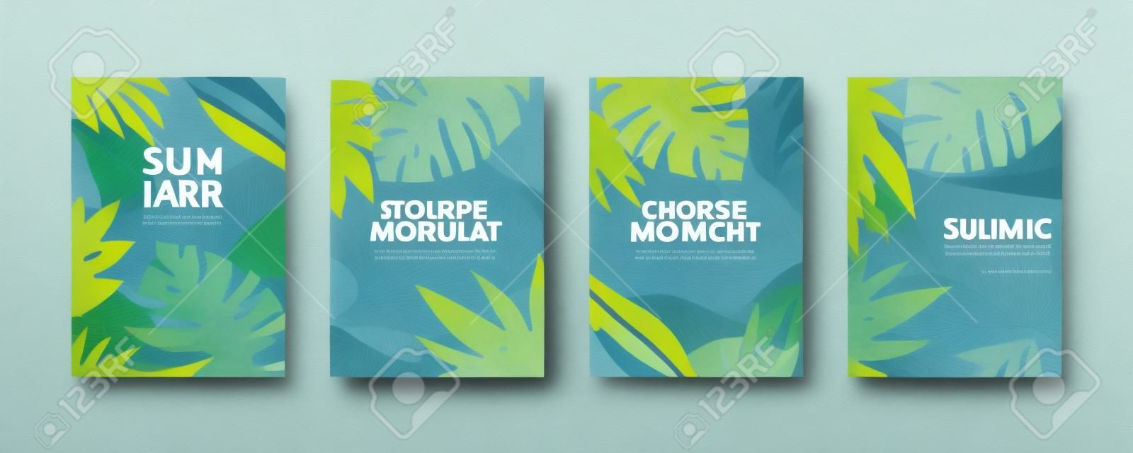 Collection of Nordic style cover template with leaves and abstract Memphis patterns