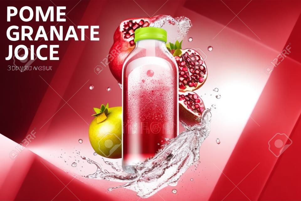 Pomegranate juice ad in 3d illustration, with bottle mockup surrounded by water splash and fresh fruit