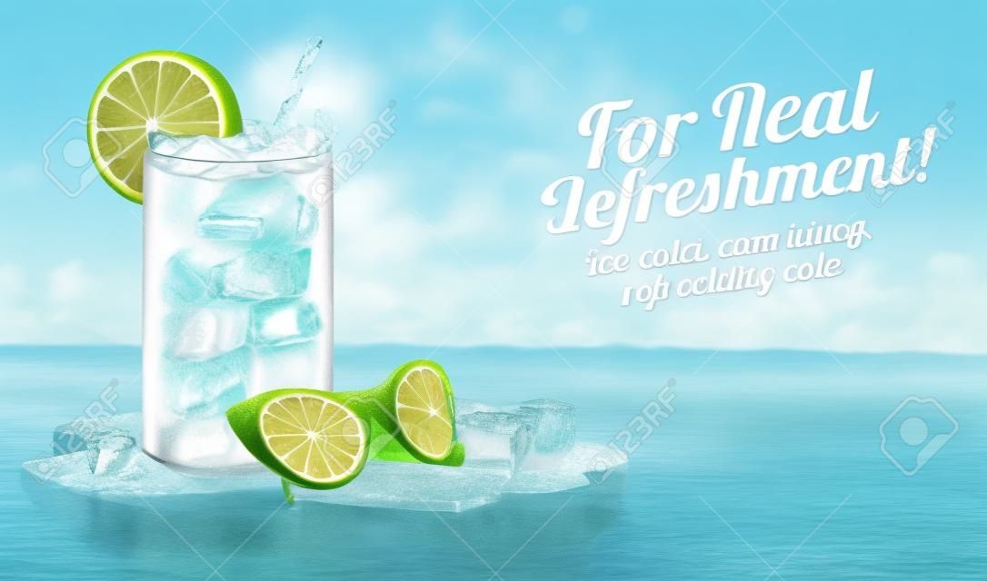 Modelo de anúncio de refrigerante de suco de limão 3d com cena de geleira. A cola realista pode ficar em um pódio de gelo flutuante com vidro solar e cubos de gelo. Conceito de bebida congelada para o verão.