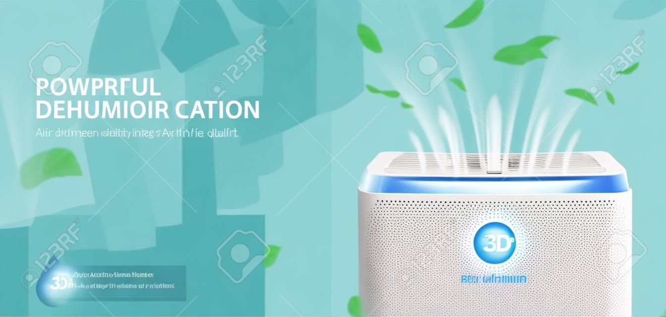 3d dehumidifier or air purifier ad template. Powerful air flows and natural leaves coming from the appliance to dry the clothes. Concept of healthy air for home environment.