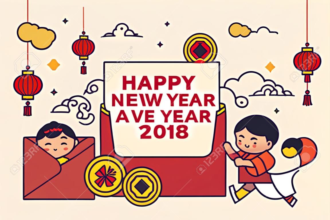 Plantilla de sobre rojo CNY de dibujos animados frescos con lindos personajes asiáticos y decoración de hojas. Texto: Feliz año nuevo chino.