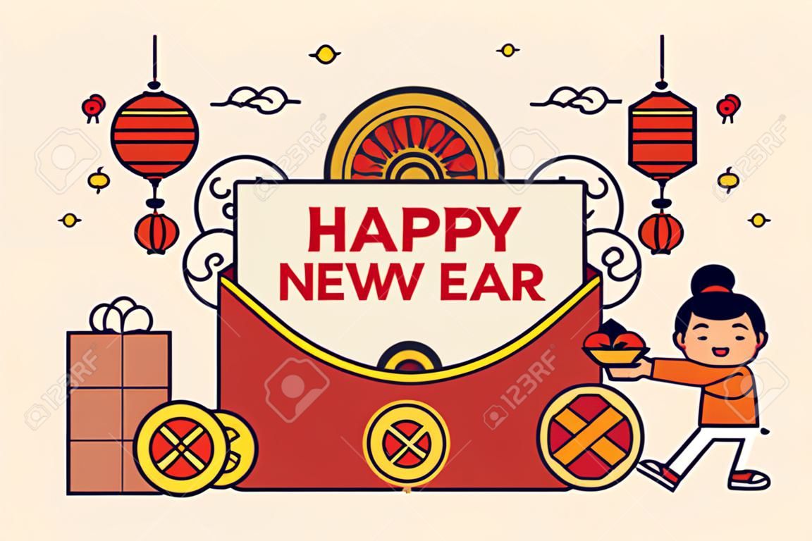 Plantilla de sobre rojo CNY de dibujos animados frescos con lindos personajes asiáticos y decoración de hojas. Texto: Feliz año nuevo chino.