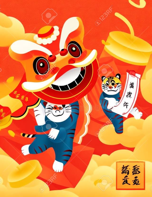 2022 CNY illustration of cute tigers performing lion dance and holding greeting scroll. Translation: Year of tiger, Happy Chinese new year