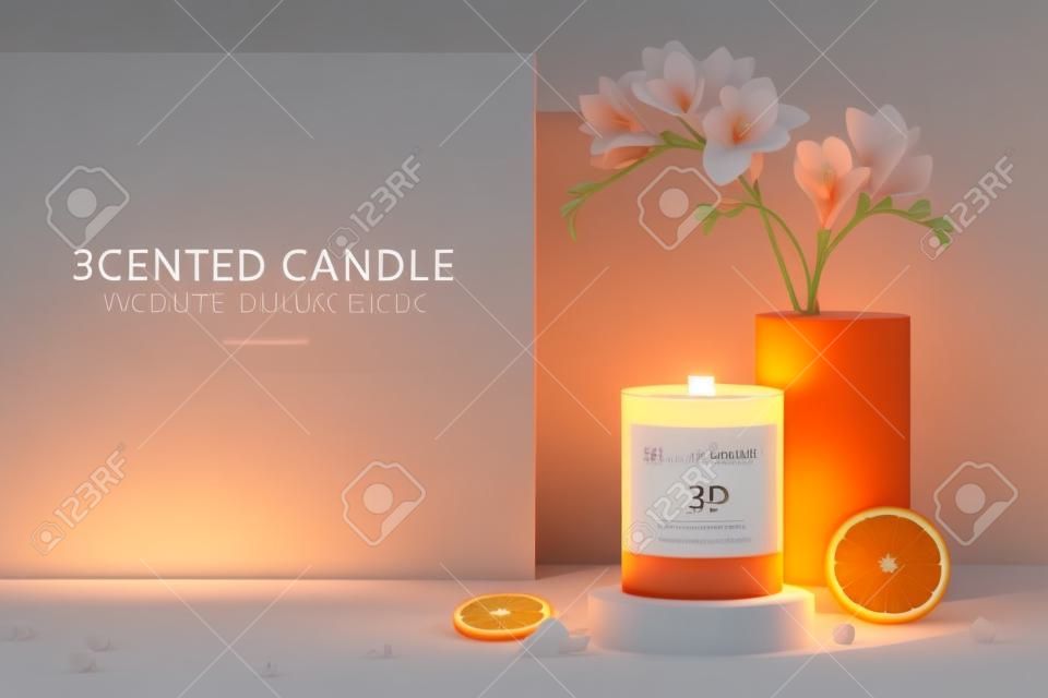 3d illustration of scented candle promo ad. Candle mock up displayed on podium with freesia vase and orange.