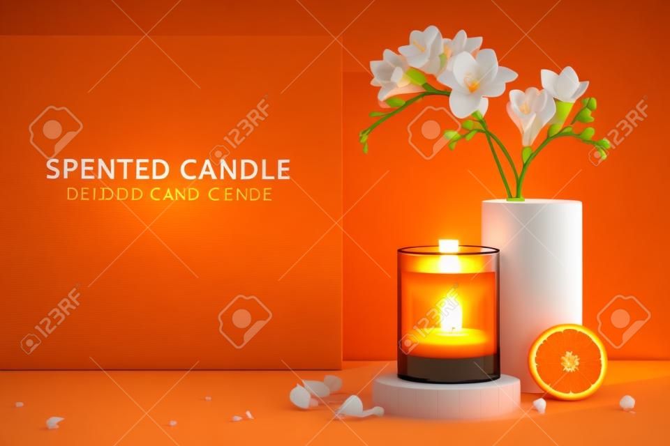 향초 홍보 광고의 3d 삽화. 프리지아 꽃병과 오렌지가 있는 연단에 놓인 양초 모의.