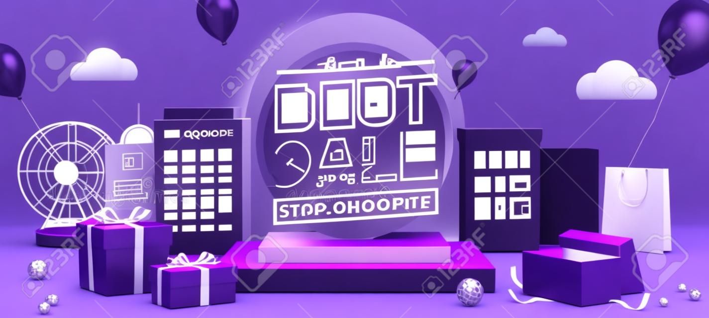 3Dイラストのオンラインショッピングのコンセプト。暗い紫色の背景にショッピングオブジェクトを持つ都市景観シーンの正方形の表彰台