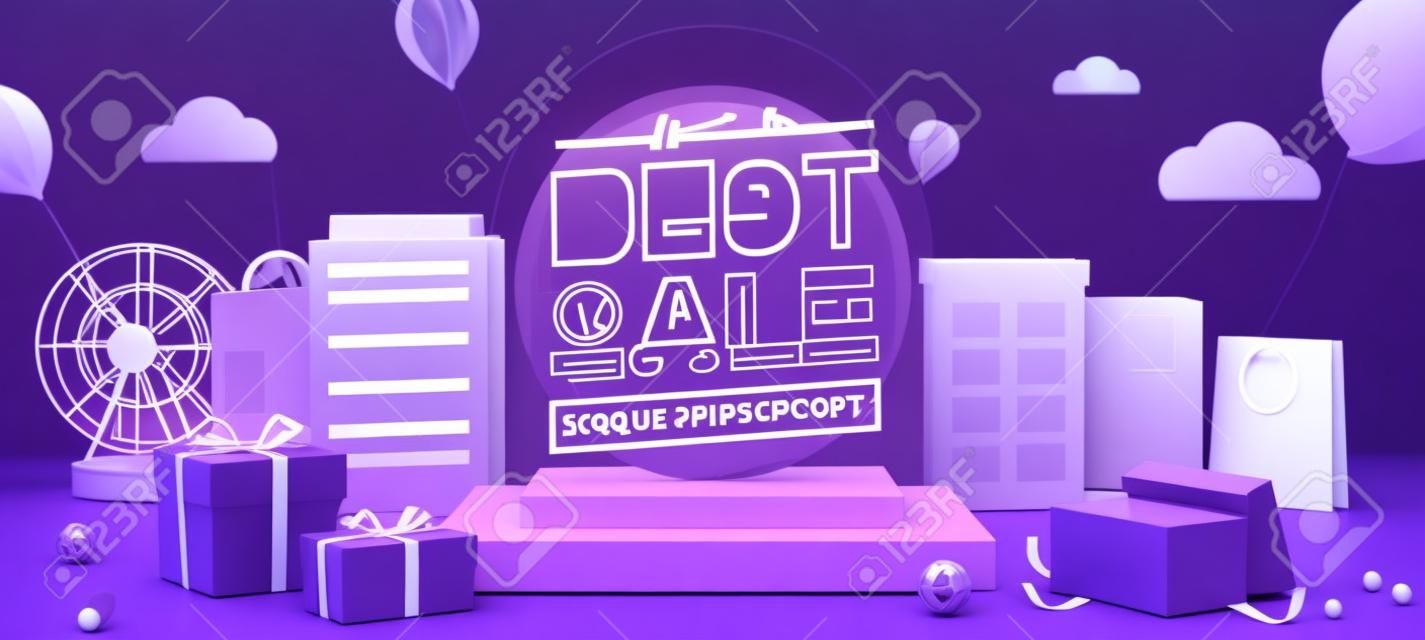 Concept de magasinage en ligne en illustration 3d. podiums carrés dans la scène du paysage urbain avec des objets commerciaux sur fond violet foncé