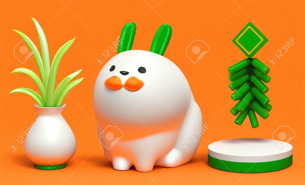 3D Illustration of a golden chubby bunny figurine, a white vase of snake plant that looks like a white carrot, firecreacker, and round podium of red and green color isolated on light orange background