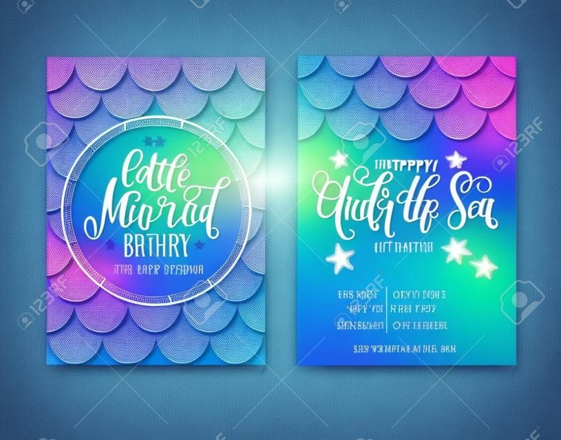 Birthday Party Card for little girl. Holographic fish scales and lettering invitation. Sea party invitation. Vector illustration