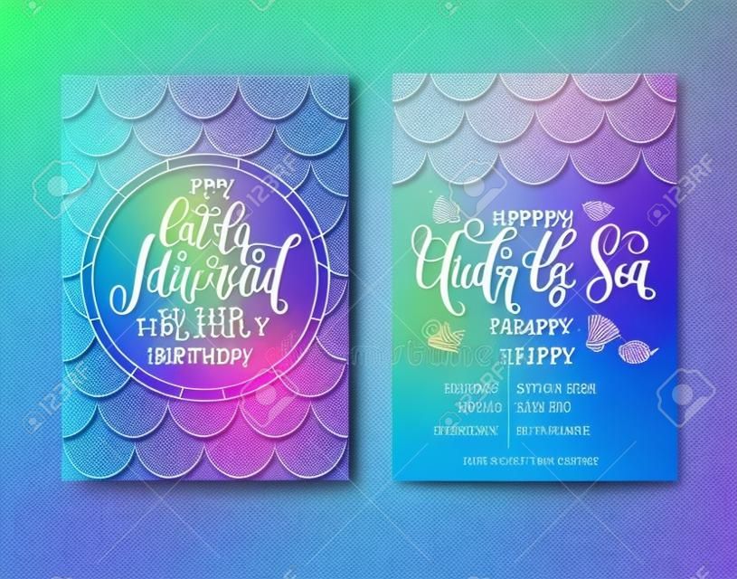 Birthday Party Card for little girl. Holographic fish scales and lettering invitation. Sea party invitation. Vector illustration