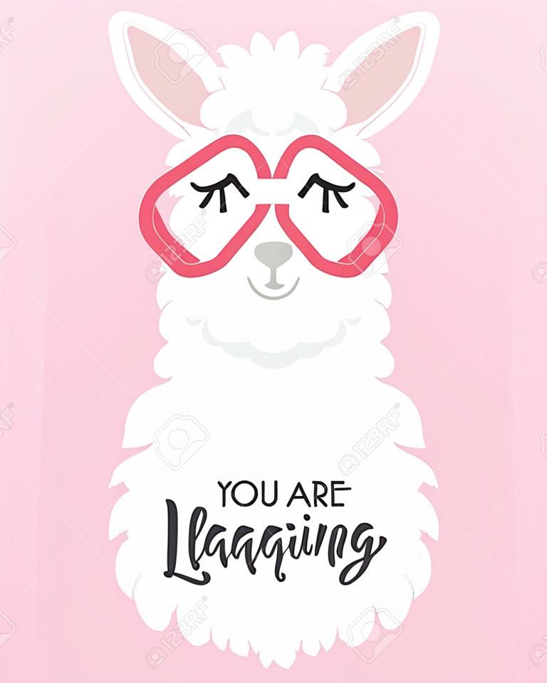 You are llamazing llama quote. Llama motivational and inspirational vector poster. Simple cute white llama drawing with lettering. You are amazing quote with llama.