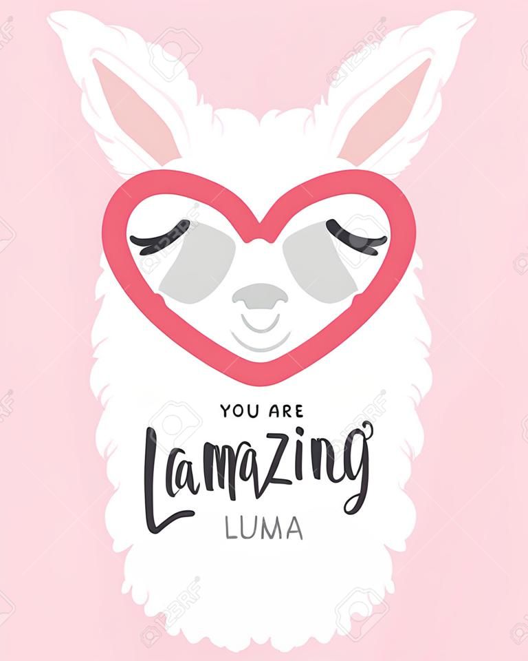 Você está lhamazing citação lhama. Cartaz de vetor motivacional e inspirador Llama. Simples desenho lhama branco bonito com letras. Você é citação incrível com lhama.