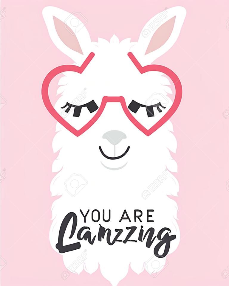 You are llamazing llama quote. Llama motivational and inspirational vector poster. Simple cute white llama drawing with lettering. You are amazing quote with llama.