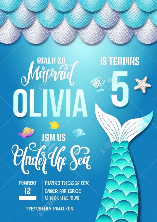 Mermaid Birthday party invitation card. Holographic fish scales and tail invitation. Sea party invitation with lettering . Vector illustration.