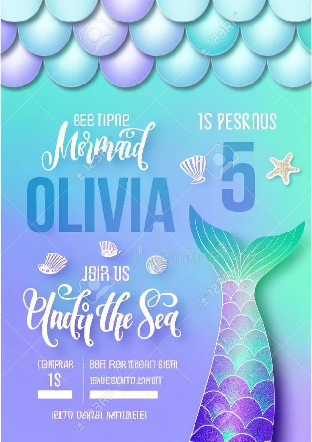 Mermaid Birthday party invitation card. Holographic fish scales and tail invitation. Sea party invitation with lettering . Vector illustration.