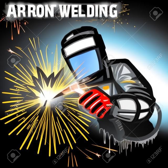Welder in a mask performing argon welding of the metal. White background. Vector illustration