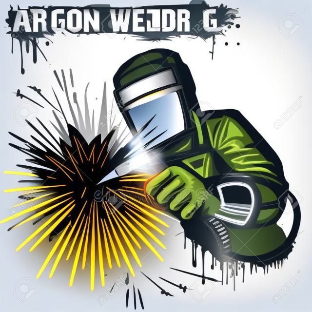 Welder in a mask performing argon welding of the metal. White background. Vector illustration