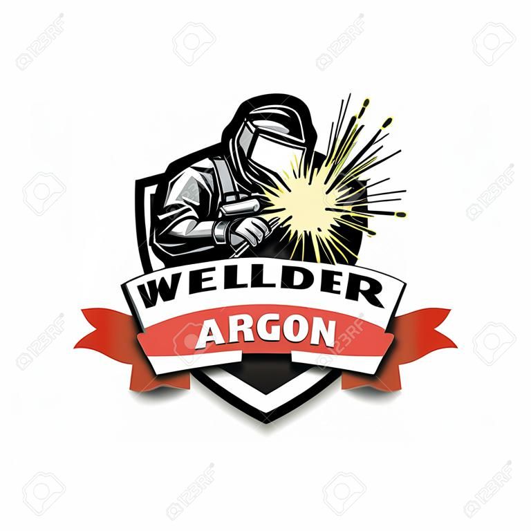 Logo lasser in een masker uitvoeren argon lassen van het metaal. Argon lassen logo template ontwerp. Geïsoleerd op witte achtergrond. Vector illustratie