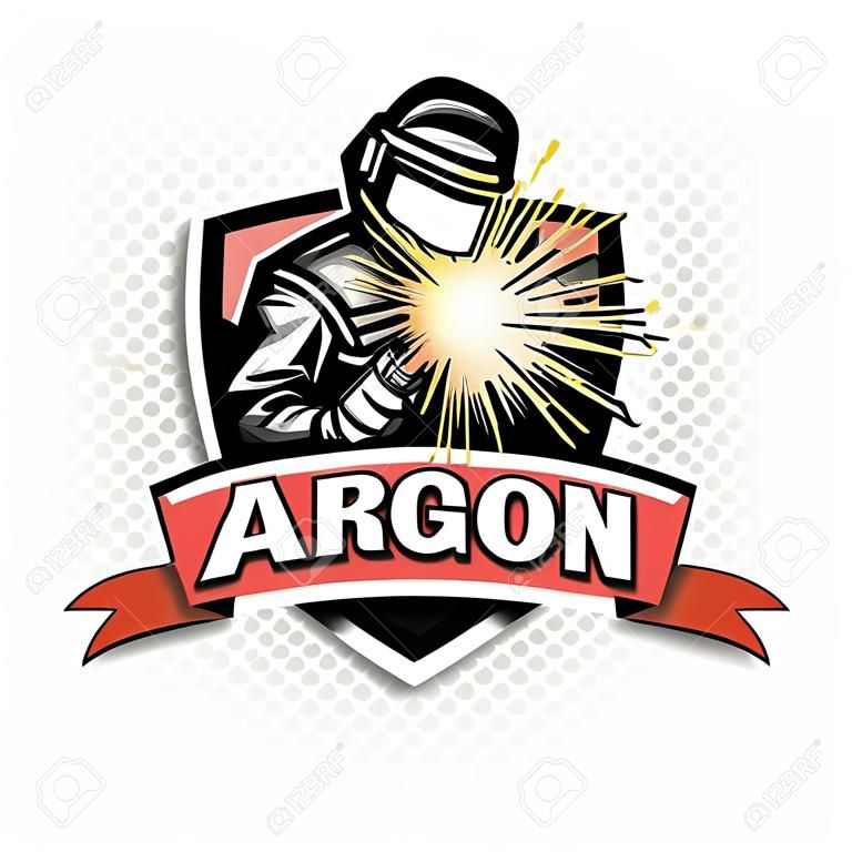 Logo welder in a mask performing argon welding of the metal. Argon welding logo template design. Isolated on white background. Vector illustration