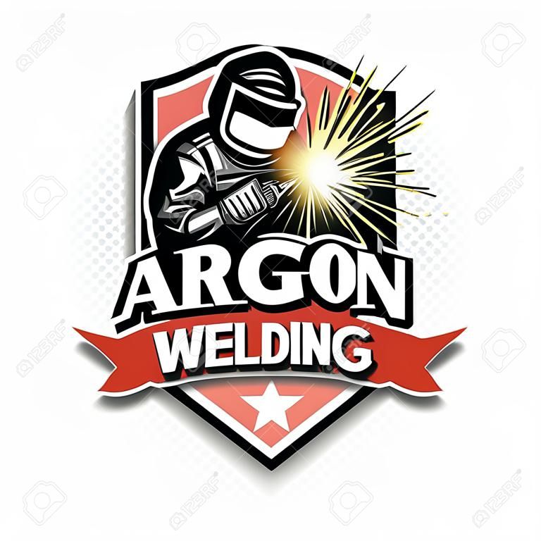 Logo welder in a mask performing argon welding of the metal. Argon welding logo template design. Isolated on white background. Vector illustration