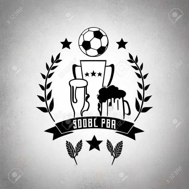 Soccer ball and beer symbol for football sport bar emblem template. Soccer ball, cup and two glasses with beer. Vintage style on isolated background. Vector illustration