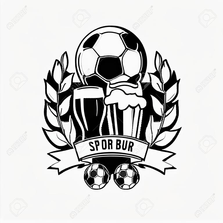 Soccer ball and beer symbol for football sport bar emblem template. Soccer ball, cup and two glasses with beer. Vintage style on isolated background. Vector illustration