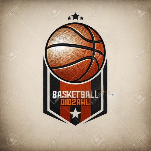 Basketball logo design template. Basketball emblem pattern. Vintage style on isolated background. Print on t-shirt graphics. Vector illustration