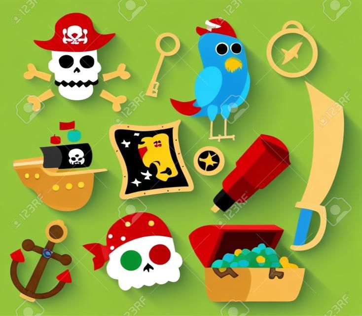 Pirate accessories symbols flat icons collection with wooden treasure chest and jolly roger abstract vector illustration