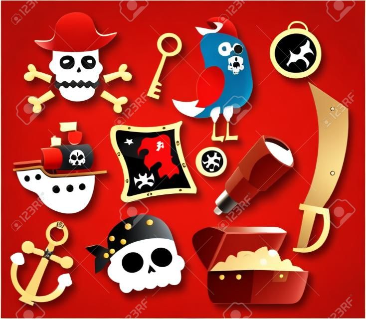 Pirate accessories symbols flat icons collection with wooden treasure chest and jolly roger abstract vector illustration