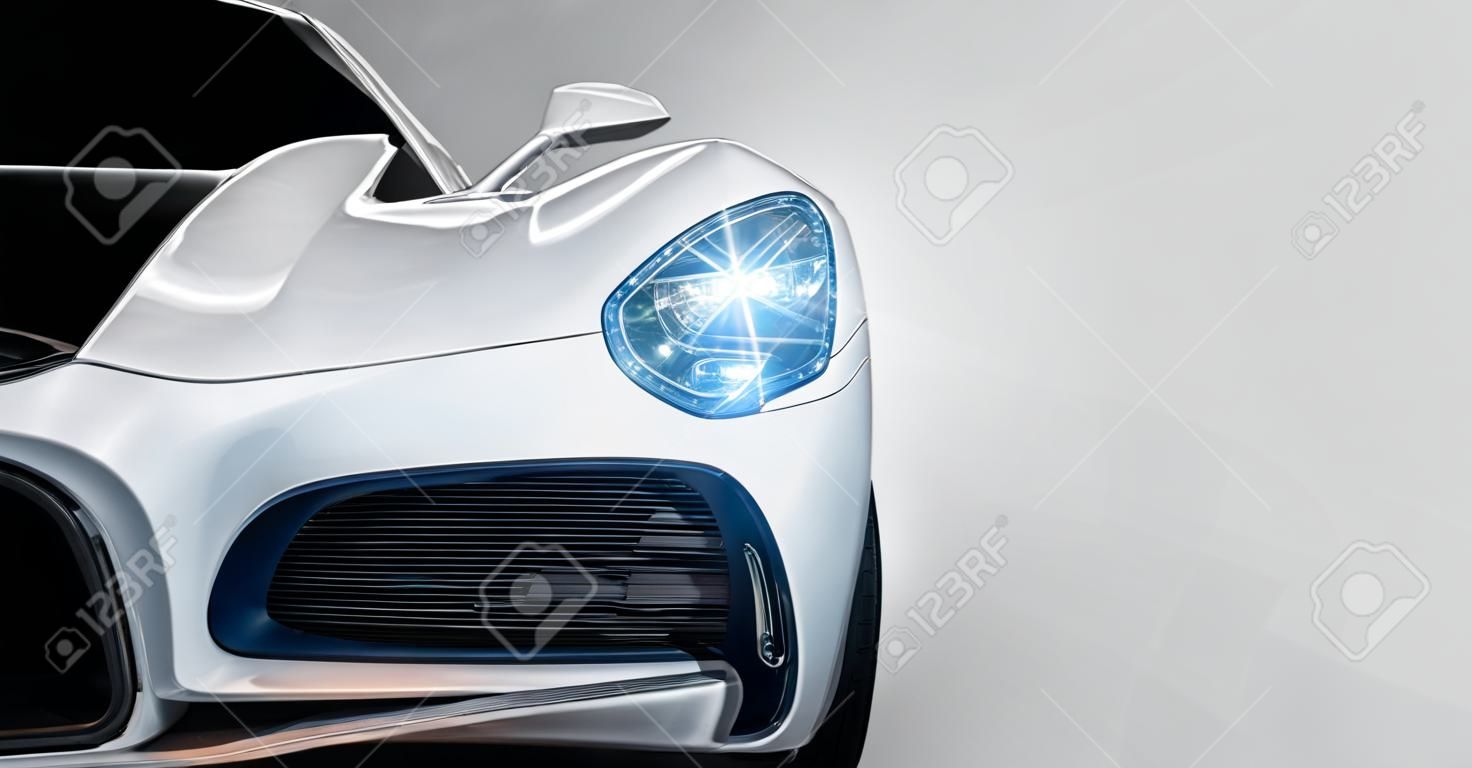 Nuevo coche deportivo blanco de lujo moderno, de cerca una luz de cabeza con su espacio