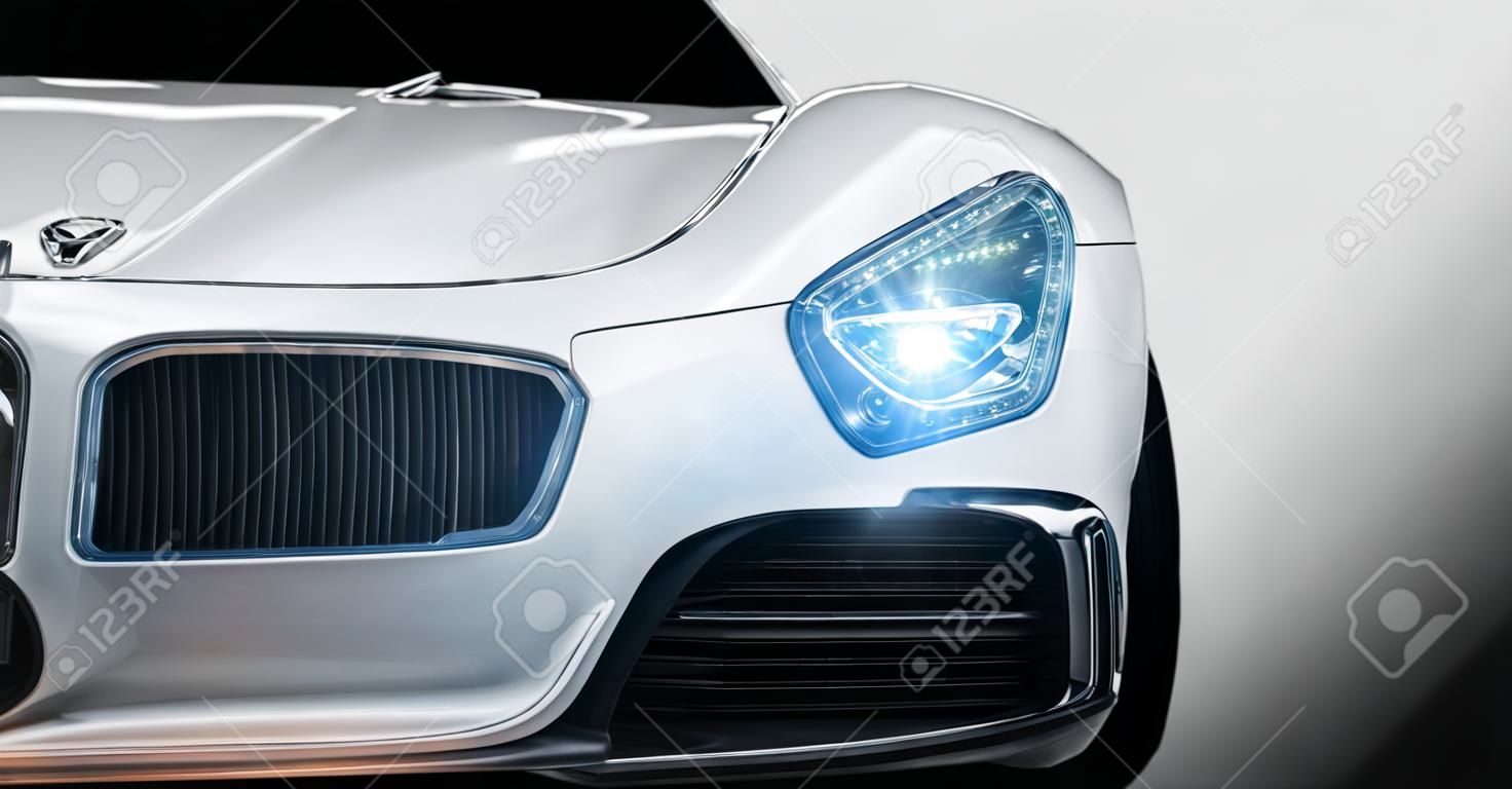 Moderno luxo novo carro esporte branco, close-up uma luz de cabeça com o seu espaço
