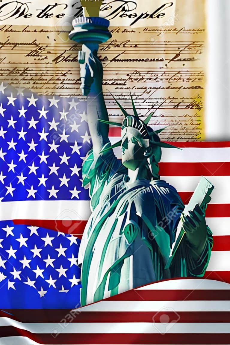We the People with American flag and Statue of Liberty.