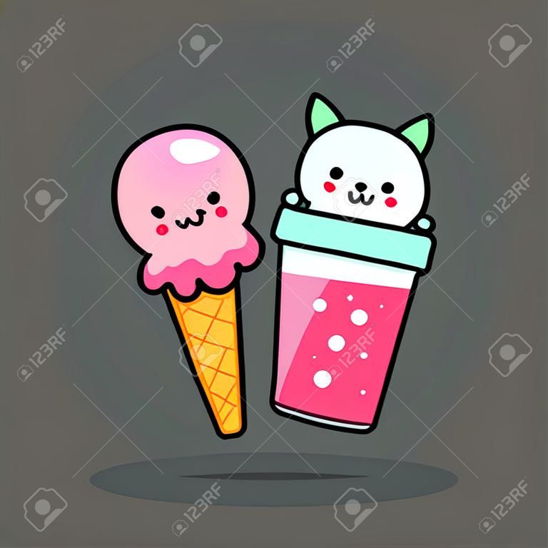 images of a Pink scoop of ice cream and a Glass with a pink cocktail. Glass with cat ears. Smiling glass. Vector illustration.
