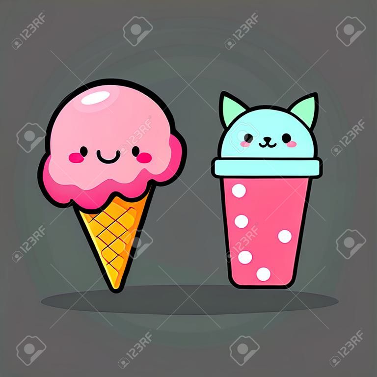 images of a Pink scoop of ice cream and a Glass with a pink cocktail. Glass with cat ears. Smiling glass. Vector illustration.