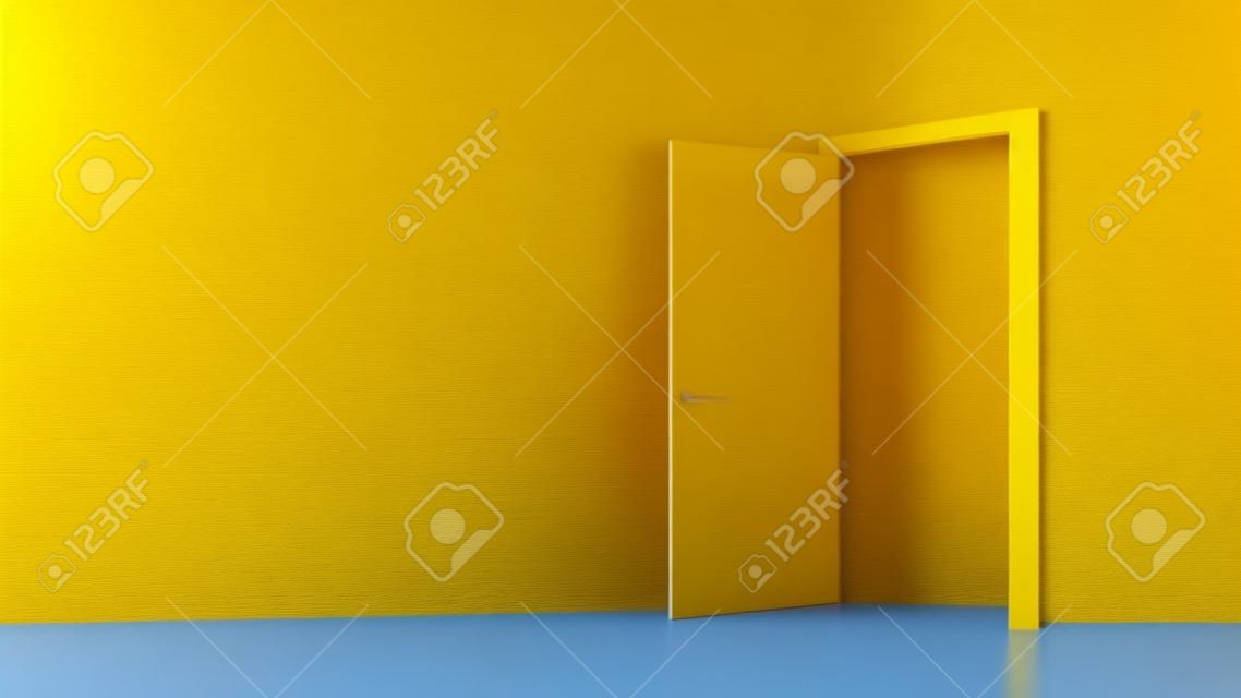 Yellow sunny light inside an open red door isolated on a blue background. Room interior design element. Modern minimalistic concept. Metaphor of possibilities. 3d render