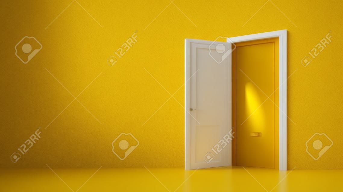 Yellow sunny light inside an open red door isolated on a blue background. Room interior design element. Modern minimalistic concept. Metaphor of possibilities. 3d render