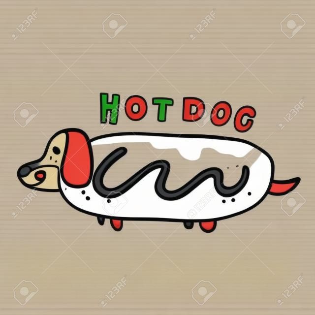 Dachshund dog in hotdog cartoon logo vector illustration doodle style