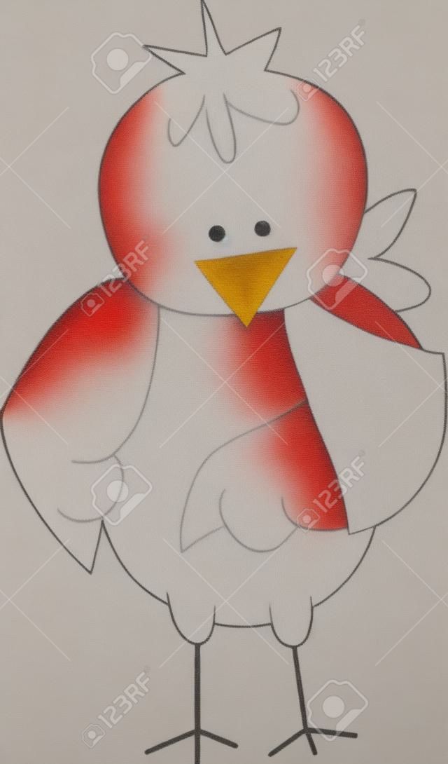 Een leitle rode vogel met een van zijn vleugels in een verband