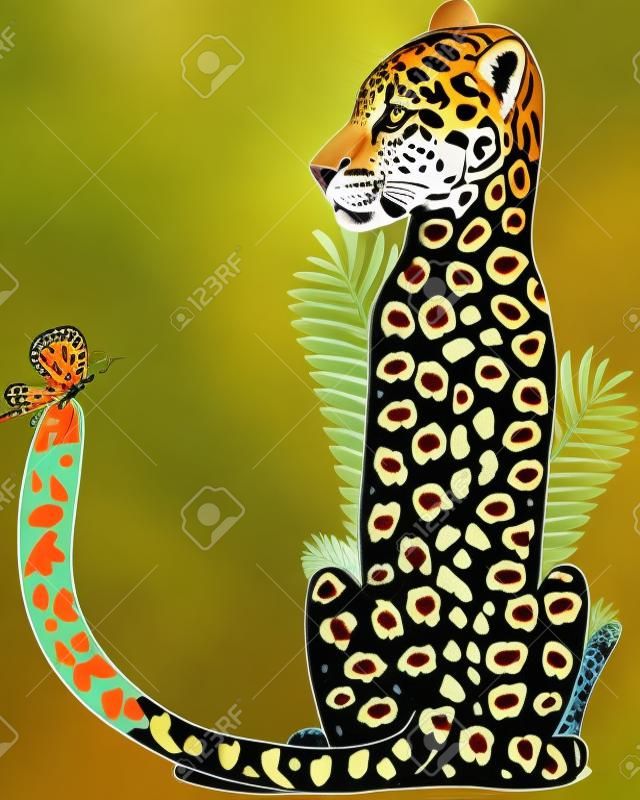 A Jaguar is sitting and looking at a butterfly on his tail. He is shaped like the letter J