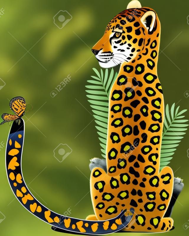 A Jaguar is sitting and looking at a butterfly on his tail. He is shaped like the letter J