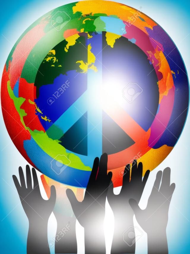 A globe with a peace sign on it being held by many hands