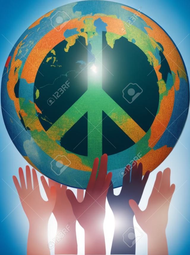A globe with a peace sign on it being held by many hands