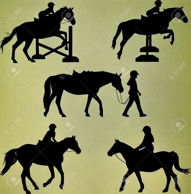 A group of five silhouettes featuring  horses and children