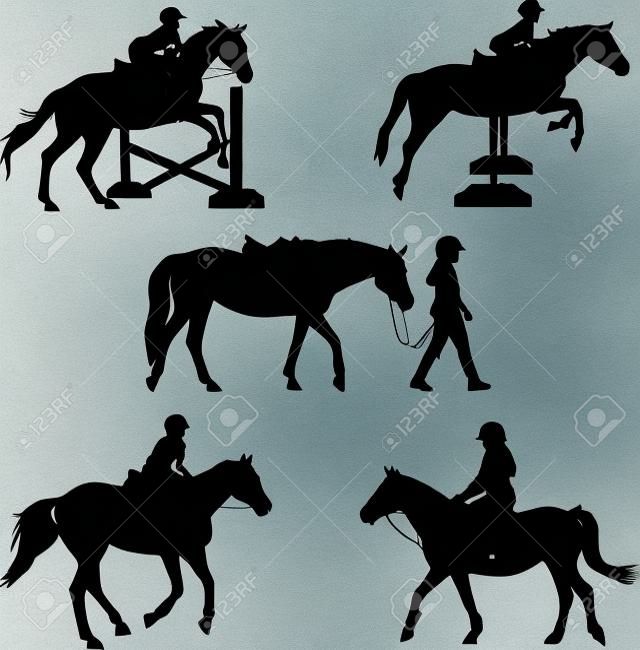 Eine Gruppe von fünf silhouettes mit Pferden und Kinder
