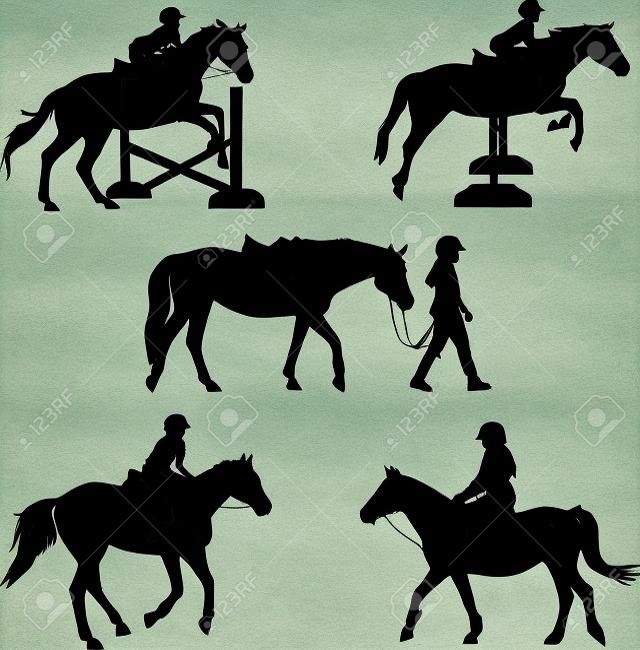 A group of five silhouettes featuring  horses and children