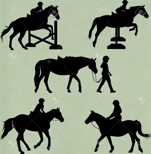 Eine Gruppe von fünf silhouettes mit Pferden und Kinder